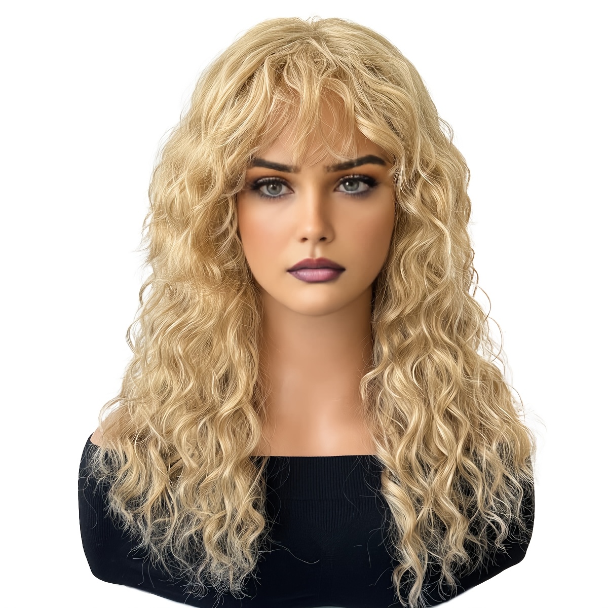 Image of Women's Synthetic Fiber Wig, Golden Long Wavy Hairstyle With Bangs, Breathable Suitable For Daily Festive And Party Wear, Christmas