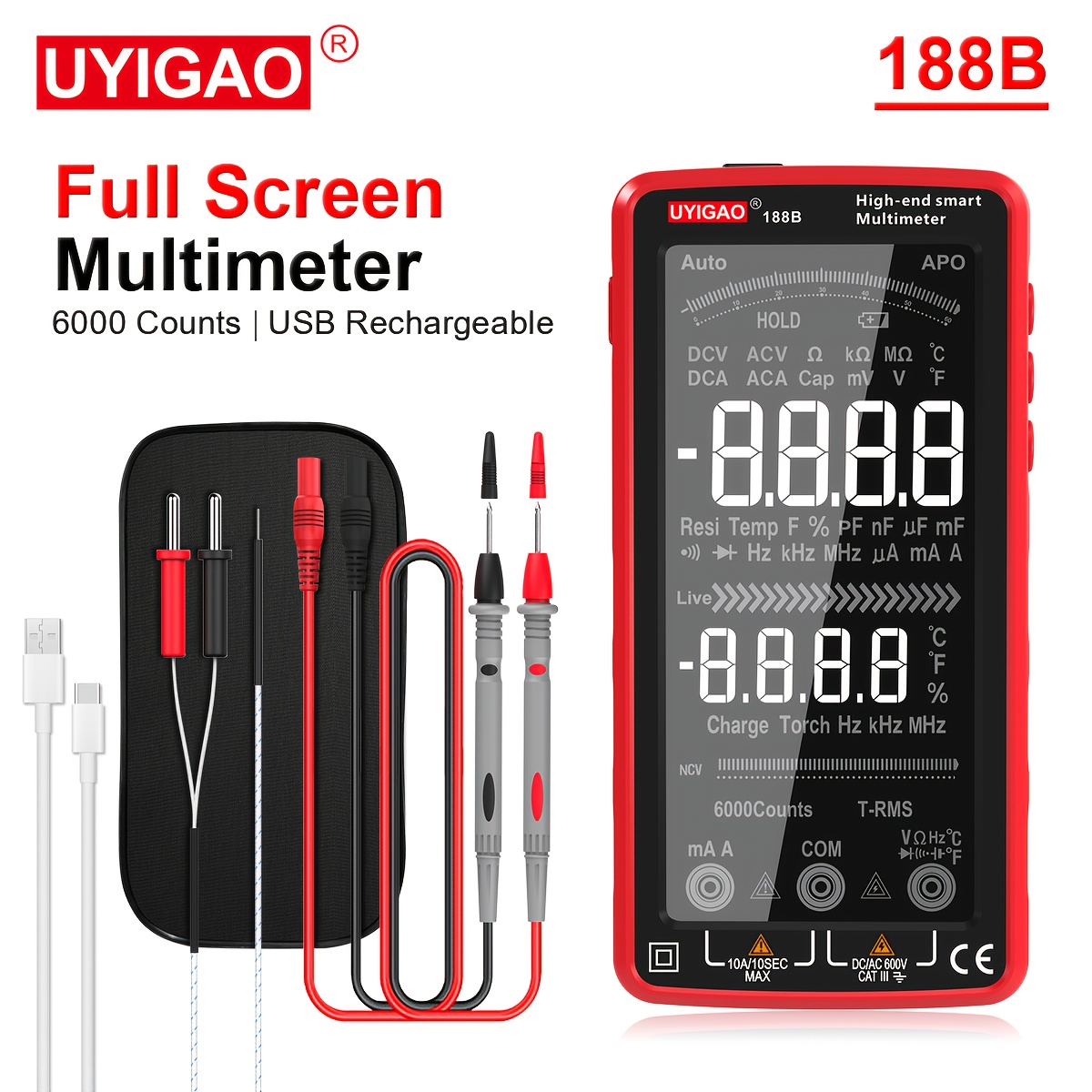 1pc Digital Multimeter Tester Auto-Ranging TRMS 6000 Counts Voltmeter Smart Rechargeable Meter Measures AC/DC Current, NCV, Voltage, Ohm, Amp, Resistance, Diodes, Countinuity, Capacitance, Temperature, Electrical Testing, Current Measurement, Compact Design, Handheld Meter, Highprecision Instrument, Reliable Performance, Electrical Meter, Digital Voltmeter, Engineers, Electricians
