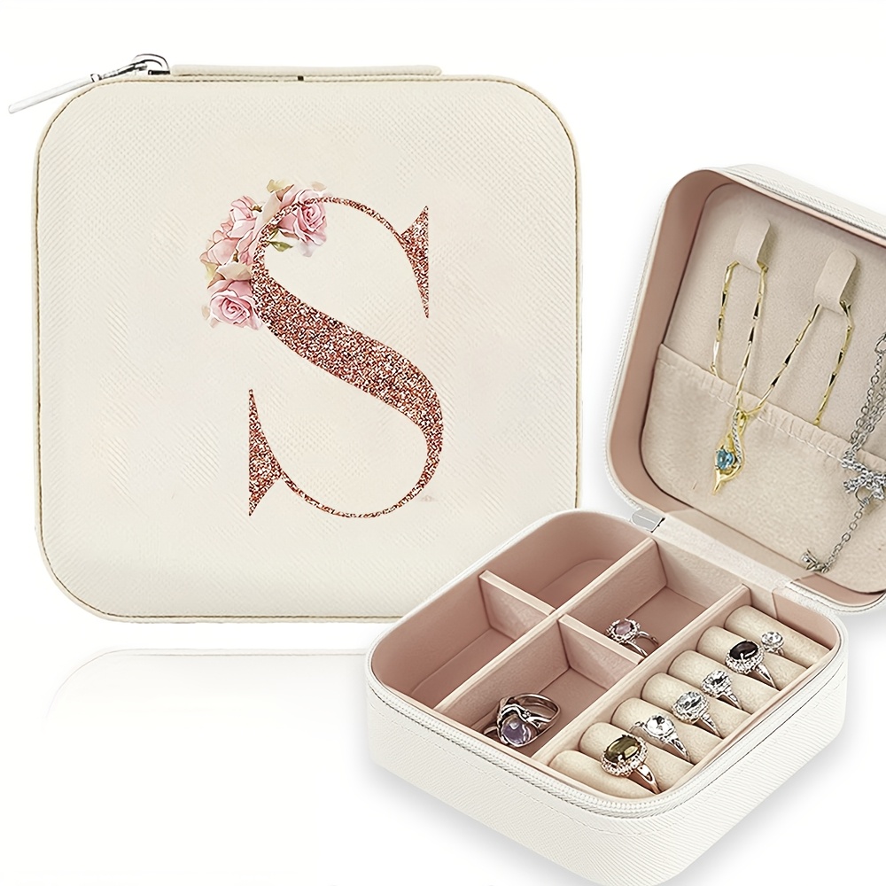 TEMU Classic Faux Leather Jewelry Box With Zipper Closure - Lightweight Travel Organizer, And Flowers Design, Removable Necklace Display Stand And