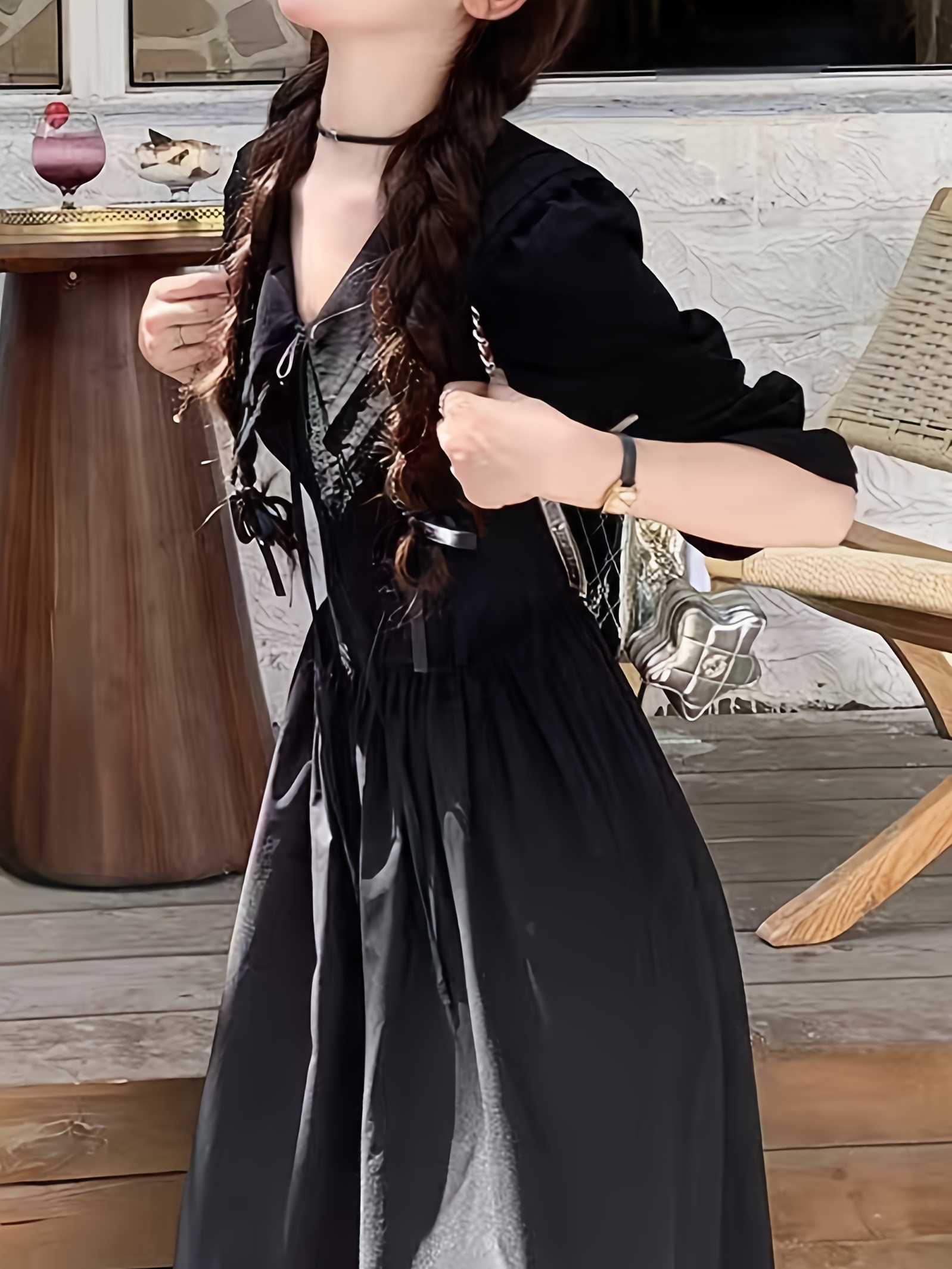 chinese dress ladies Pepa London Velvet Smocked Lace Collar Dress - Black