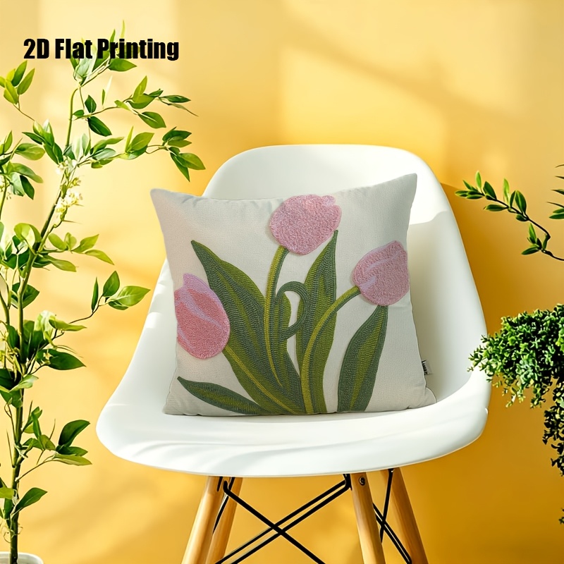 2D Flat,Terrace Cushion Cover,1pc 18X18 Inches Quare Pillow Cover, Embroidery Features Three Pink Tulips with Green Leaves and Stems.,Decoration, Gifts,Valentine Festival Gifts,Outdoor Indoor,Garden Decoration, 2D Flat