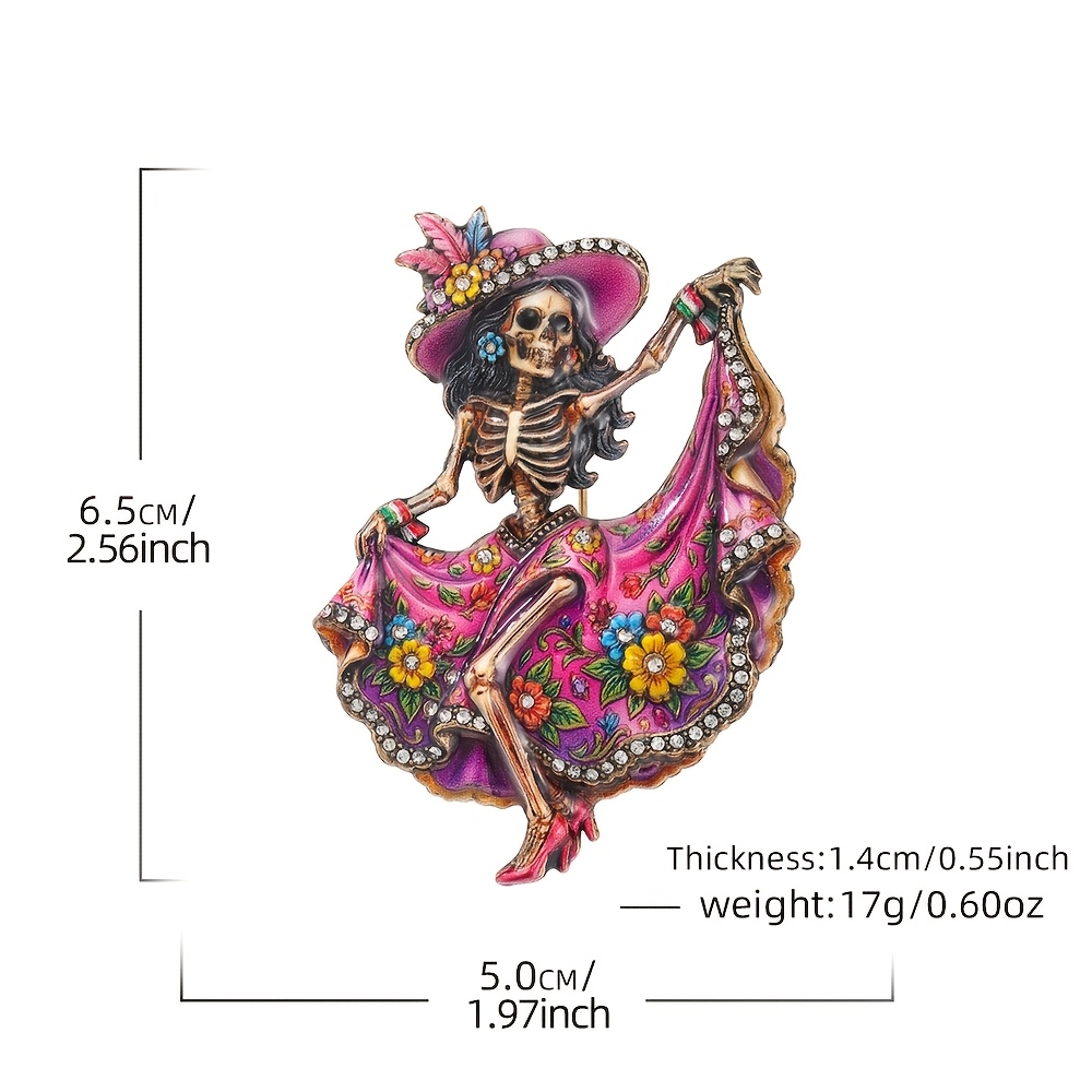 TEMU 1pc Solevdo Enamel Brooch Novelty Dancing Skeleton Lady Lapel Pin For Men And Women, Vintage Halloween Crystal Inlaid Brooch Pin Jewelry, Unisex