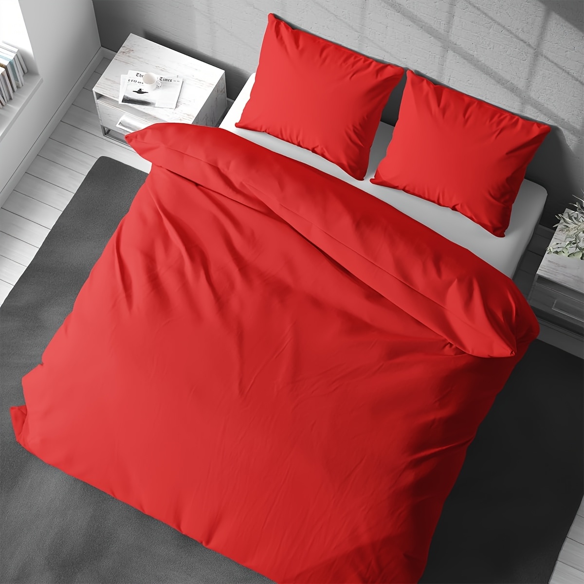Red 3pcs Bed Set | Duvet Cover And Pillowcase | Solid Color And Soft | Skin-friendly And | With Zipper