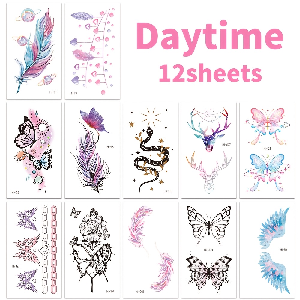 Image of Sheets Blue Luminous /feathered/snakes Temporary Tattoos, Glow In The Dark Feathered & Designs For Party Favors,waterproof Simulated Tattoo Stickers For Adult Body Decoration At Nightclub Parties