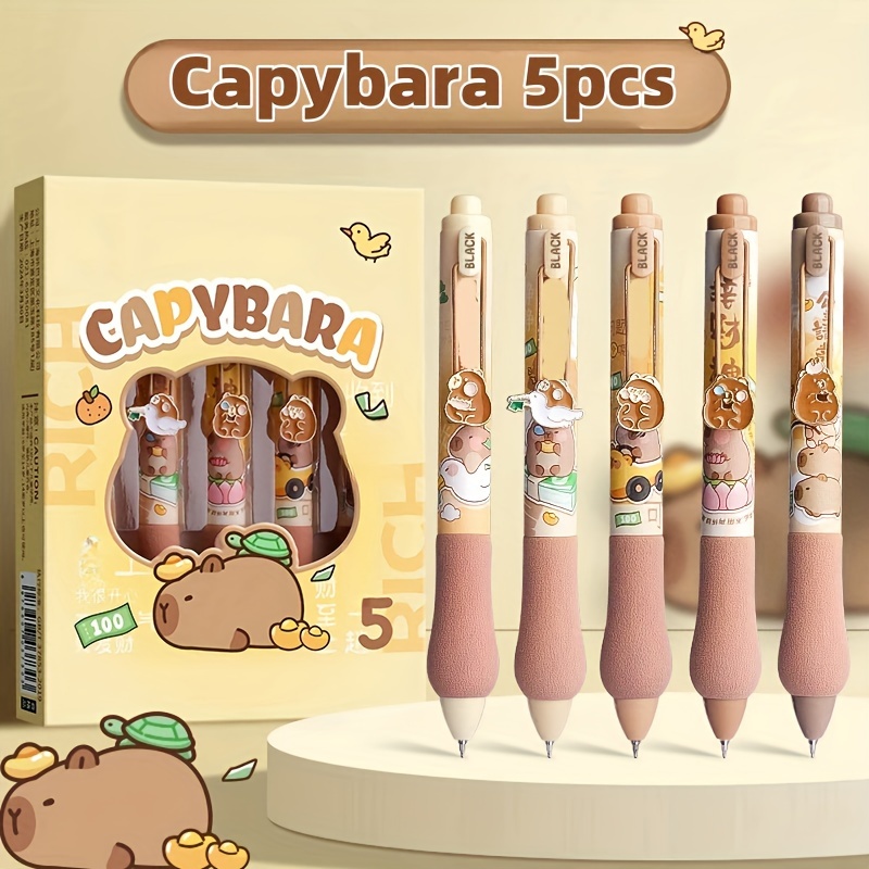 5-Pack Cute Capybara & Panda Gel Ink Rollerball Pens Set with Medium Point, Quick-Drying and Lightweight Plastic Pens with Stress-Relief Stickers for School, Office, and Home Use