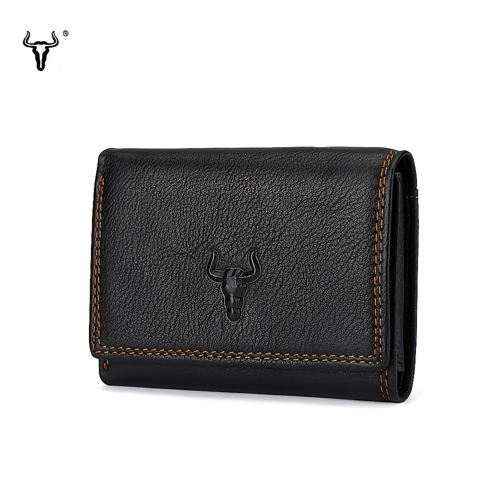 

1pc Clan Men's Genuine Top-grain Leather Wallet, Casual Solid Color Trifold With Polyester Lining, Non-braided Weave Credit Card Holder