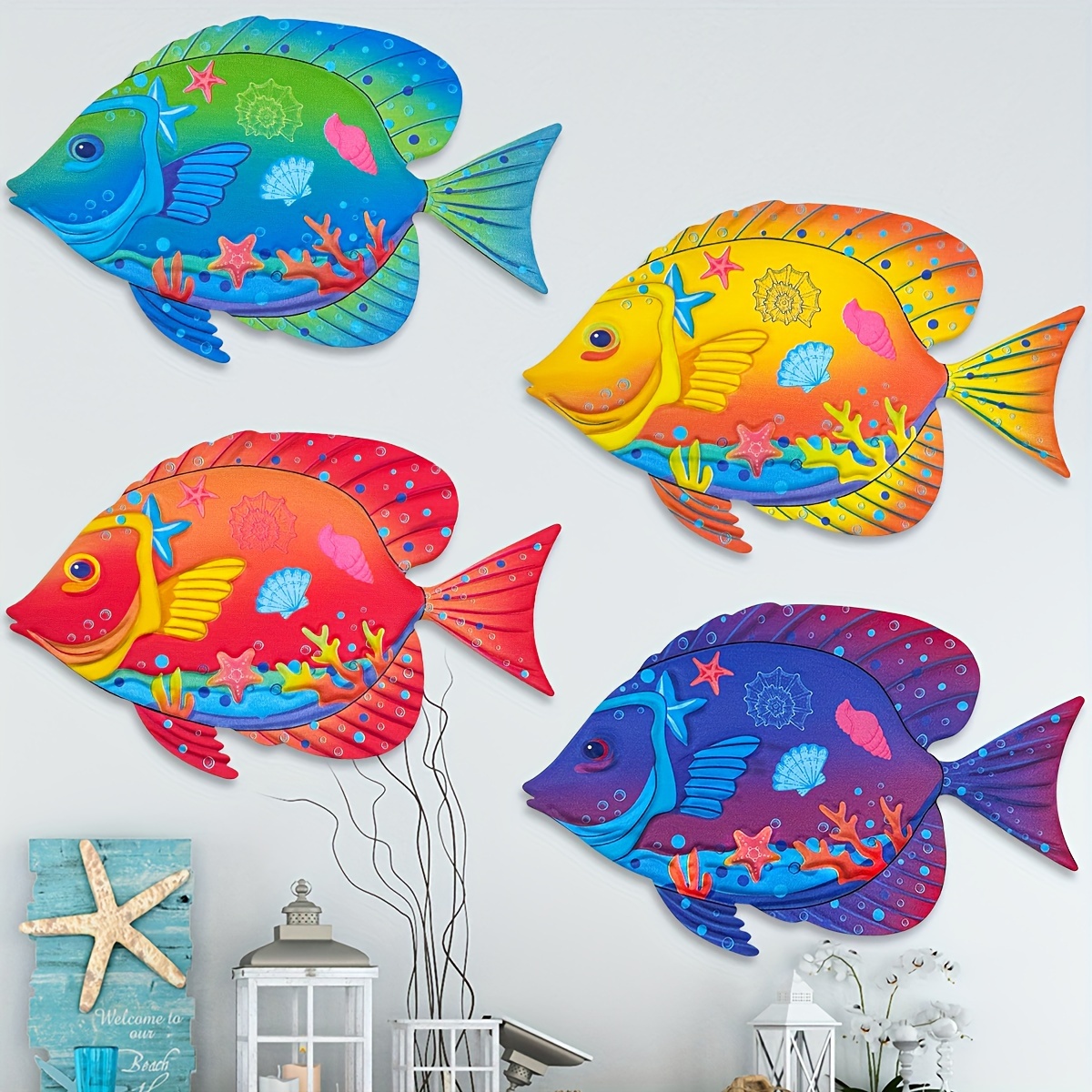

4-piece Metal Fish Wall Art Decor - Indoor & Outdoor Iron Fish Sculpture Wall Decorations For Yard, Fence, Pool, Patio, Housewarming Gift For Parents And Friends