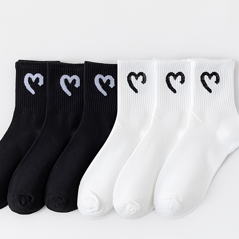 

6 Pairs Heart Graphic Socks, Simple & Breathable Mid Tube Socks, Women's Stockings & Hosiery For Fall & Autumn