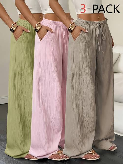 3pcs elegant ladies pants set elegant casual solid color wide leg trousers versatile high waisted pants for spring summer daily wear and vacation beach flowy trousers with pockets