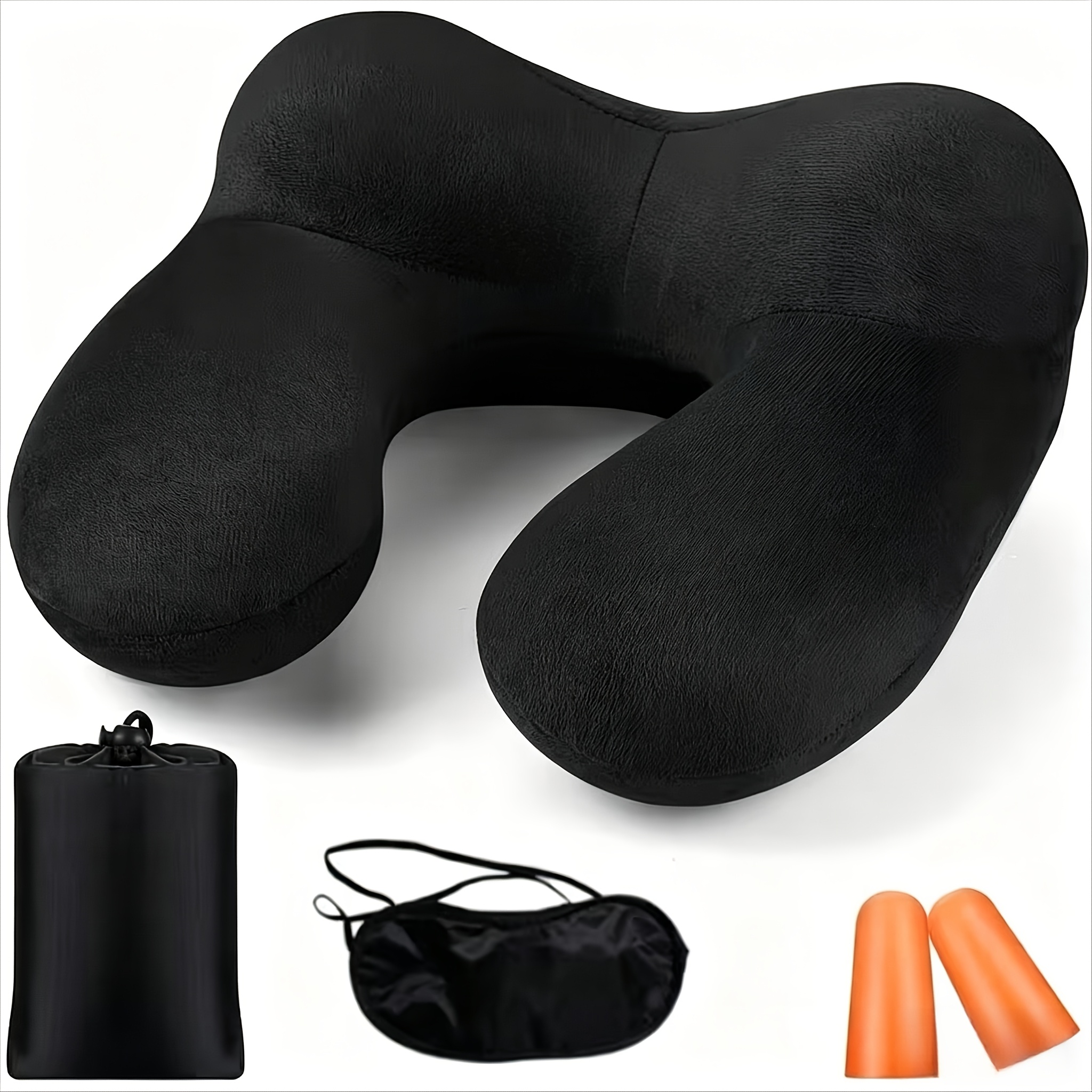 TEMU Portable Inflatable Travel Pillow With Earplugs - Soft Velvet Neck Support, Suitable For Airplanes, Cars, Offices, Camping, And Sleeping Rest