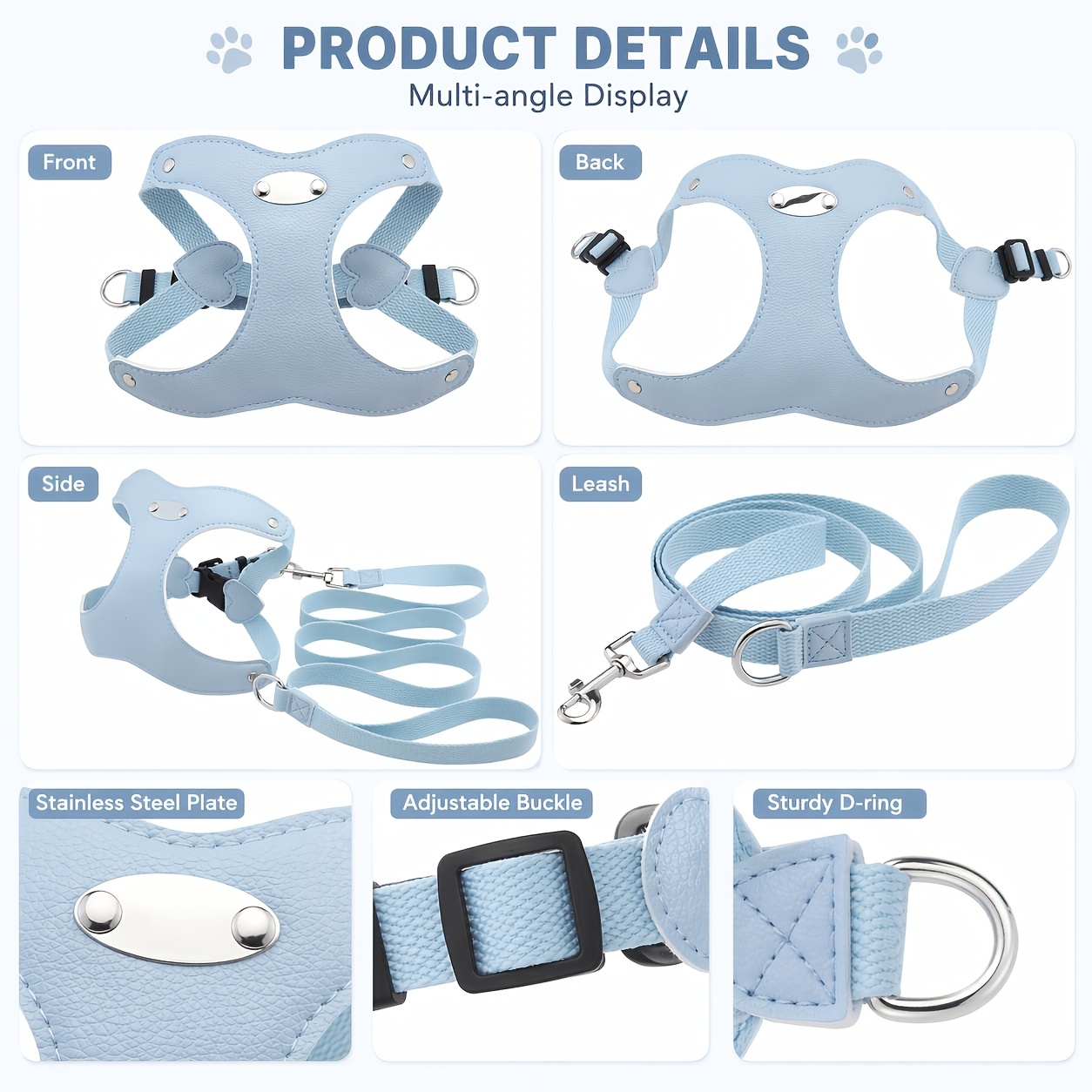 2pcs Custom Pet Leash Set with Adjustable Vest, Engraved Name & Phone Number