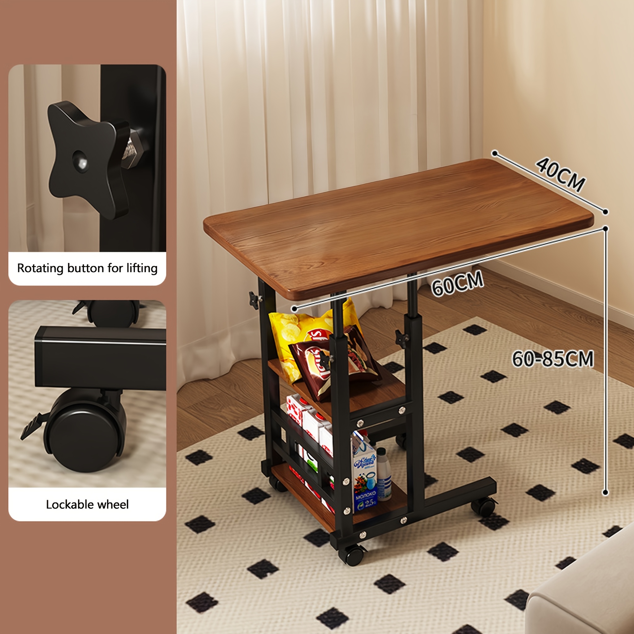 3-layer Laptop Desk For Bed And Sofa - Adjustable Rolling Bedside Table With Wheels, Overbed Table With Storage Shelves, Height Adjustable Nightstand For Home, Office And Living Room