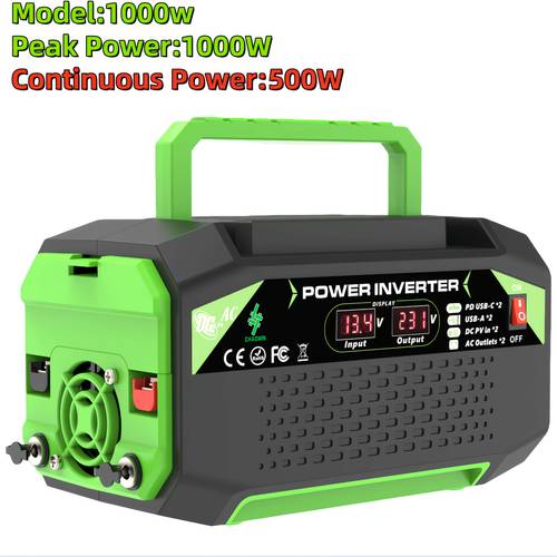 taşınabilir güç i̇nvertörü 1000w/500w, 12 ac 220v/230vye voltaj dönüşümü, çift usb+type-c 2 evrensel priz, lcd akıllı ekran, otomobiller, karavan, kamyonlar, minibüsler, açık hava seyahati, güneş enerjisi ekipmanları, elektrik i̇çin uygun