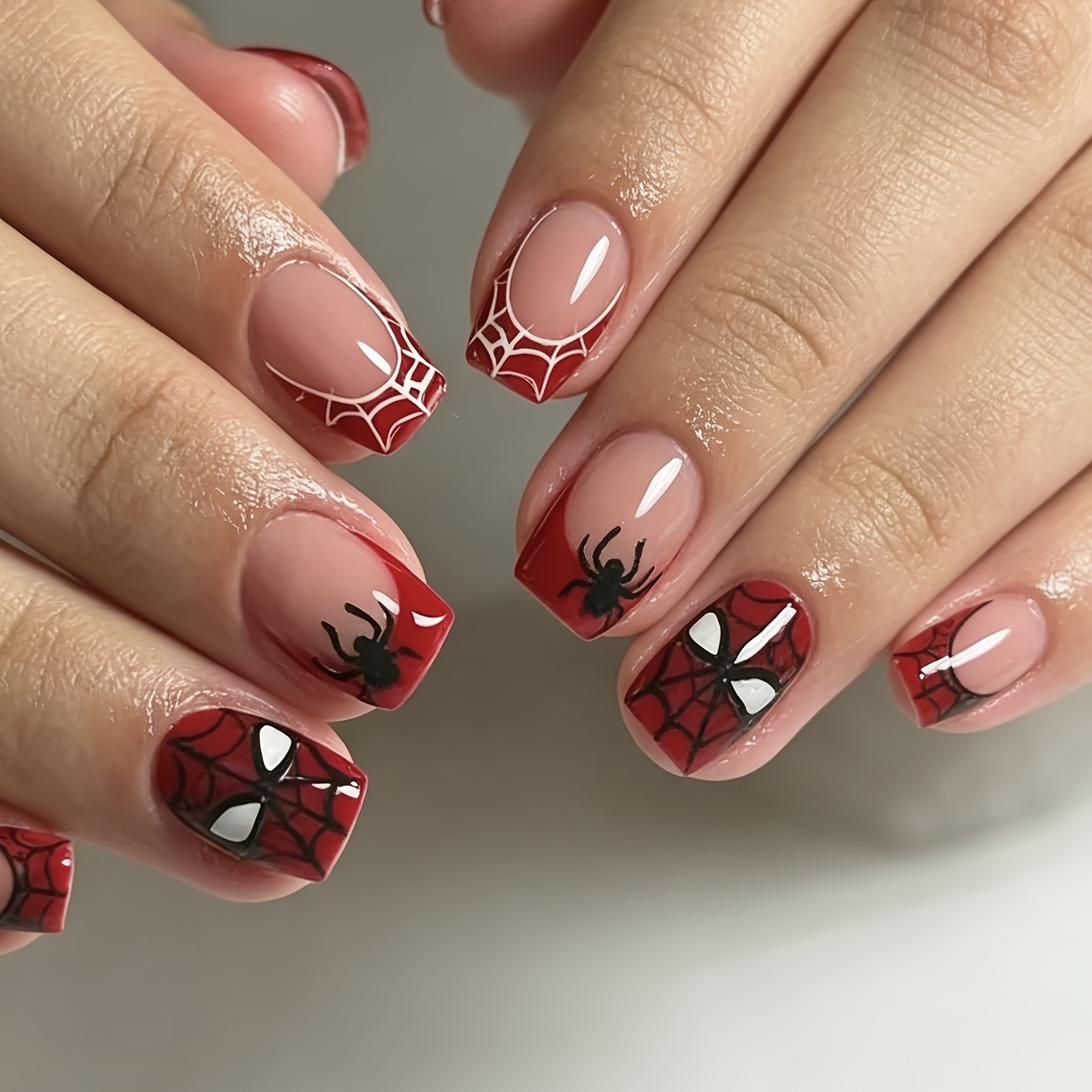 Image of 24pcs Halloween Short Square Red Spiderweb Full Coverage Press-on Acrylic Fake Nails, Diy Acrylic Nails For Women And, Suitable For Daily Wear, Halloween, Gatherings, Parties