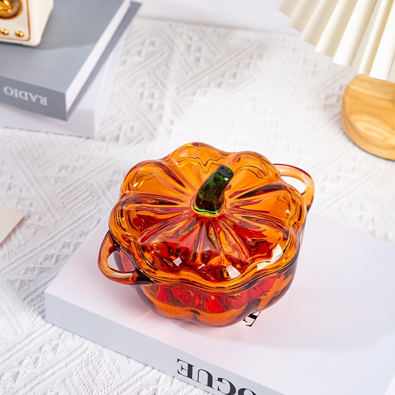 TEMU 16.7oz Pumpkin Glass Jar With Lid - Microwave & Dishwasher Safe Soup Bowl & Candy Dish With Handle, Amber Glass For Halloween Thanksgiving Christmas Decor, Food-safe Kitchen & Dining Storage
