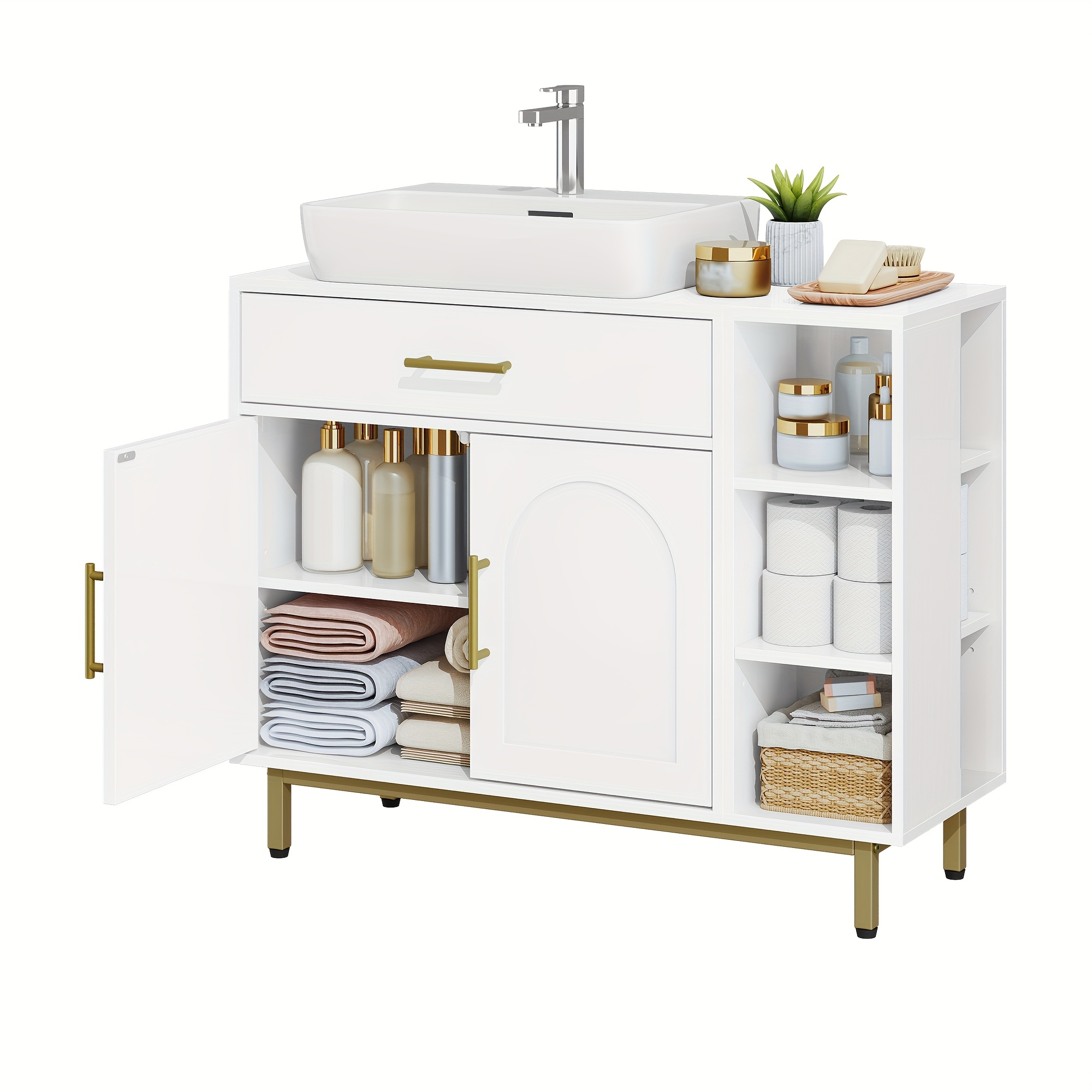 TEMU Washbasin Cabinet, Bathroom Cabinet, 1 Drawer 2 Cabinet Doors, Open Compartment With 3 Levels, Adjustable Shelf, White, 30 X 80 X 64cm