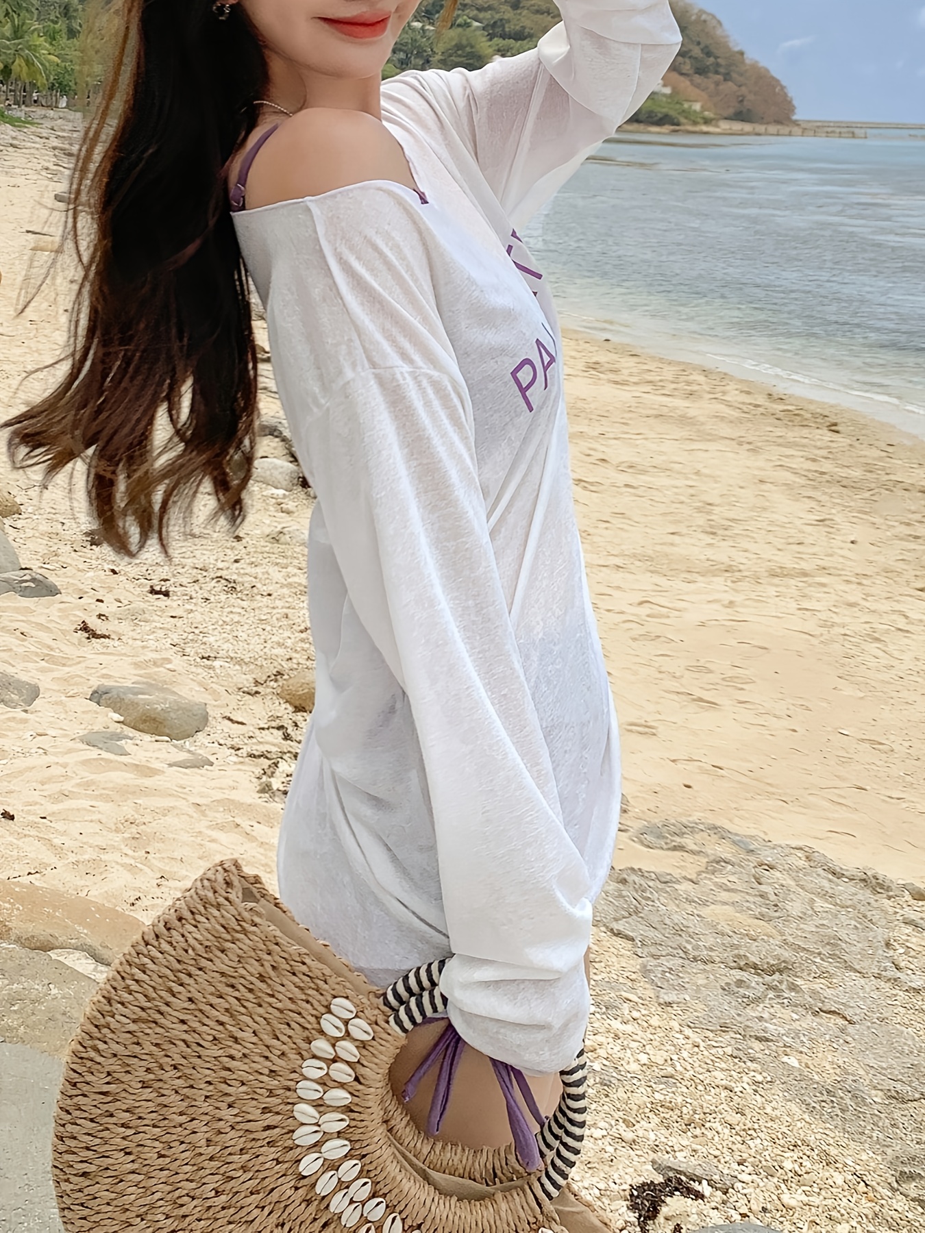Casual Long-Sleeve Rash Guard Shirt with Drawstring, Belly Cover-Up, Breathable Polyester and Elastane Blend, Summer Beach Top, Spandex,