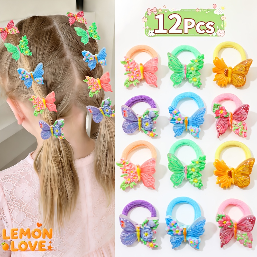 TEMU 12pcs Set Of Adorable Girls' Colorful High-stretch Hair Ties With 3d Butterflies And Flowers - Sweet-style Hair Bands For Everyday And Braided