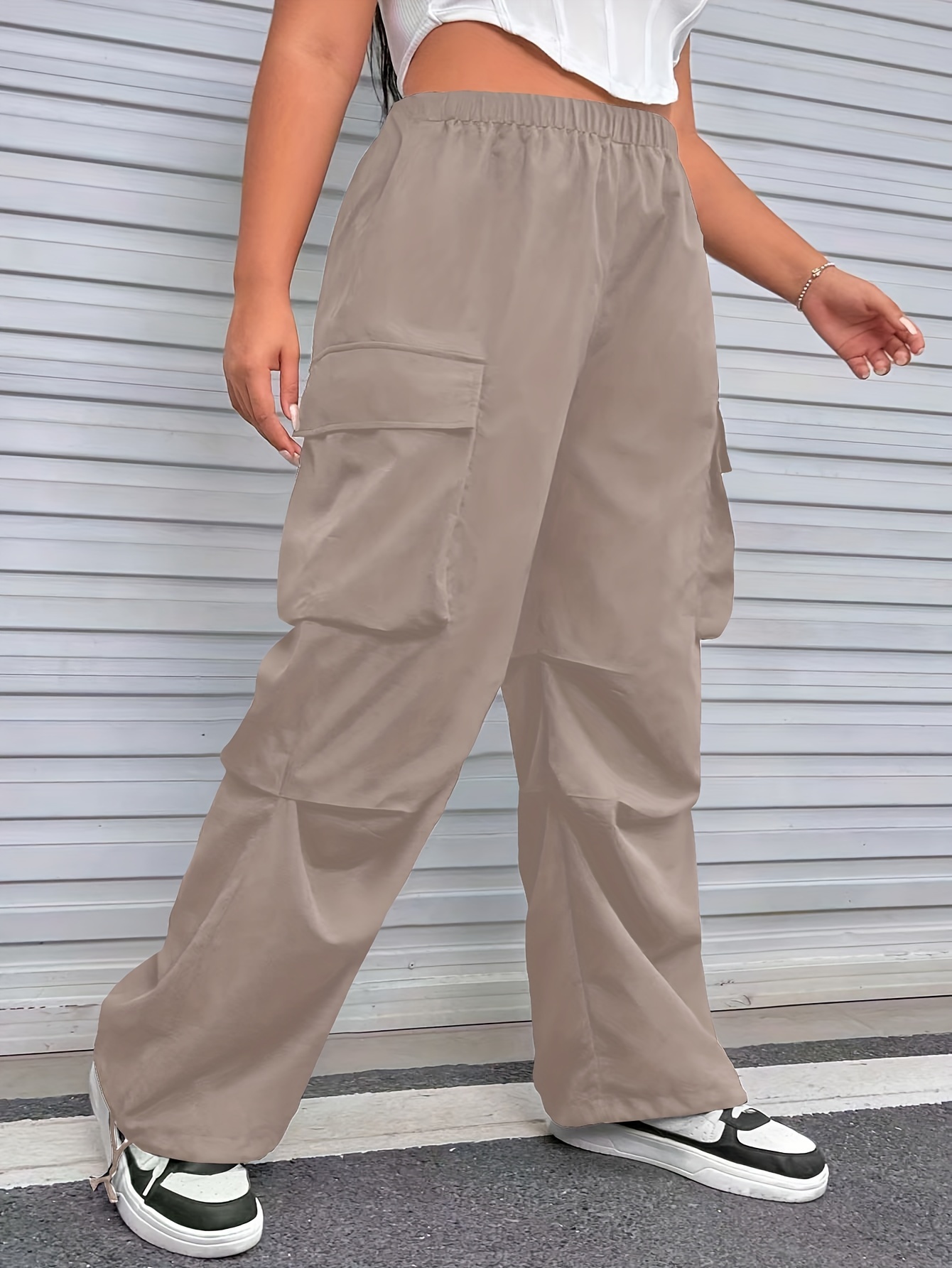 women's plus size wide leg cargo pants polyester solid color