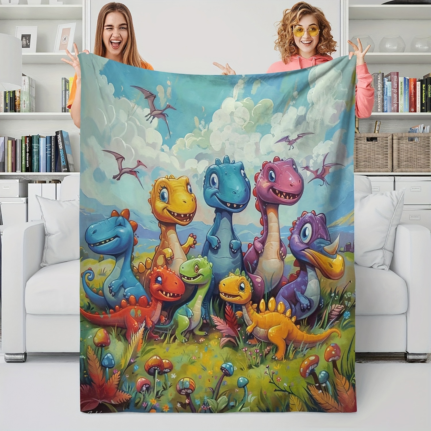 

1pc Gift Blanket For Grandson Color Cartoon Dinosaur Soft Blanket Flannel Blanket For Couch Sofa Office Bed Camping Travel, Multi-purpose Gift Blanket For All Season