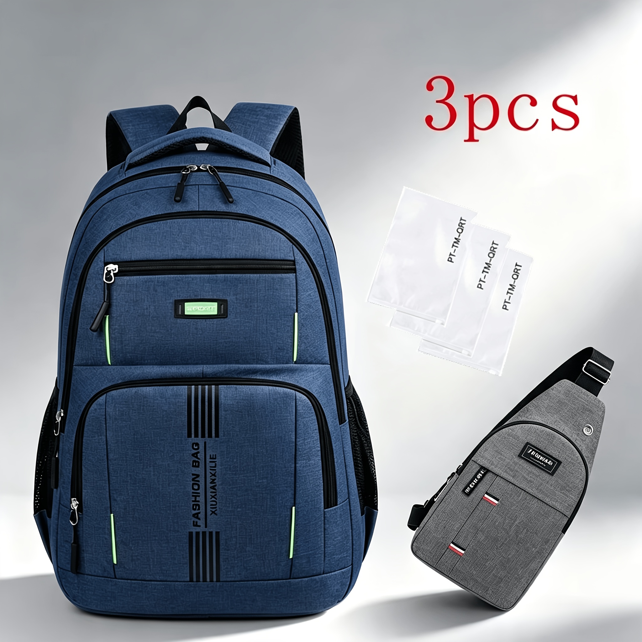 TEMU 3pcs Black Nylon Backpack Set For Girls And Students - Large Capacity School And Travel Bag With Tablet And Laptop Storage For Middle, High
