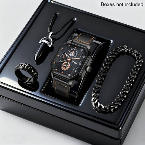 4pcs mens fashionable and elegant watch set with versatile bracelet ring and necklace for him on fathers day or birthday