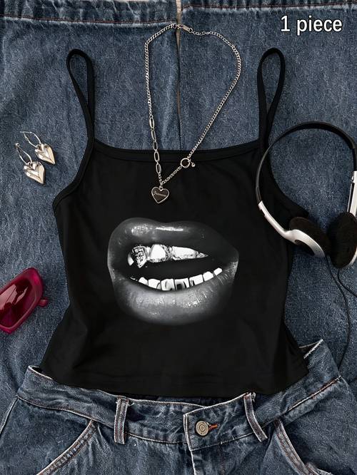 a single piece summer womens mini camisole tank top with a short length featuring a black and white dark high end trendy and edgy red it exudes a cool and effortlessly a