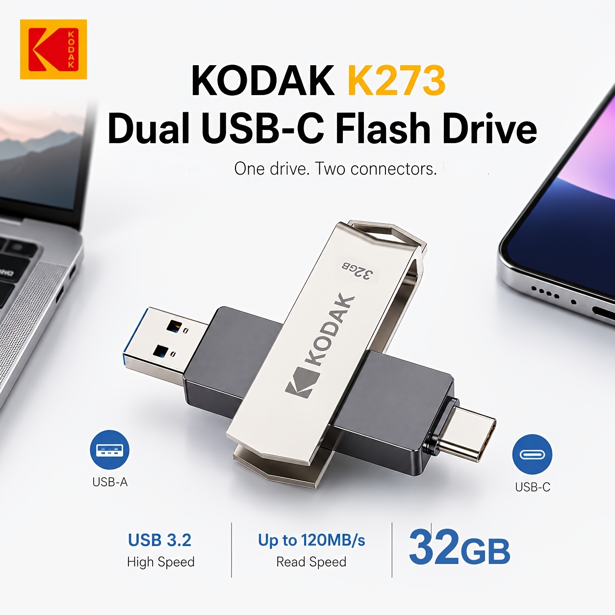 TEMU Kodak Otg Usb Flash Drive 32gb/64gb High Speed 2in 1 Type-c/usb3.2 Memory Stick With 360° Rotation Design For Easy Data Transfer And Storage