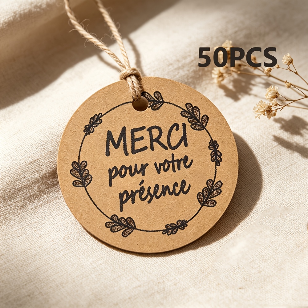 TEMU 50 étiquettes de remerciement de mariage (avec ficelle de jute), cartes cadeaux style français, étiquettes à suspendre pour cadeaux de mariage