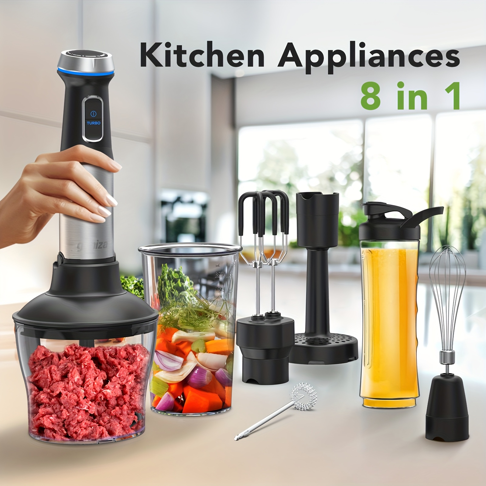 TEMU 8 In 1 Blender, - 1000w Heavy Duty Motor, Meat Chopper, 16 Speed Mode Handheld Blender With Stainless Steel Shaft - Includes 8 Total Pieces, Kitchen Must Haves, Christmas Gifts