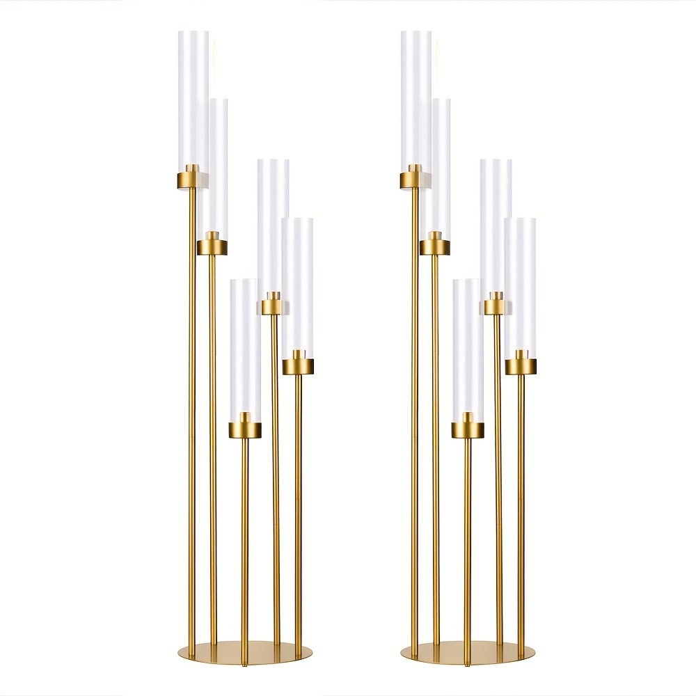 Image of 2pcs Golden Floor Candelabra For Party Packs, 5 Arm Candle Holder With Acrylic Lampshade For Wedding Ceremony, Birthday, For Party, Christmas Decor, Mother's Day, Home Decoration