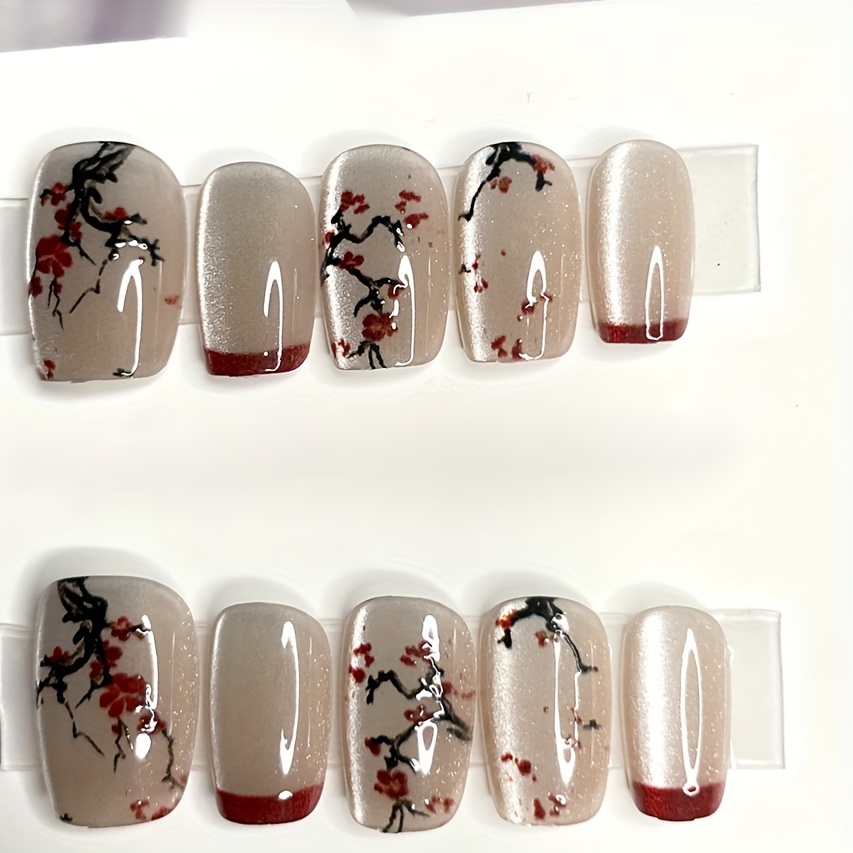 Treading Snow To Seek Plum Blossoms Chinese Style Pure Handmade Nails 10pcs