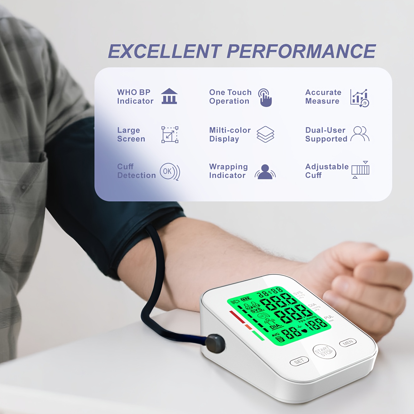 Fully Automatic Upper Arm Blood Pressure Monitor with Adjustable 22–42cm Cuff, Large LCD Display, 2 × 99 Memory, Heart Rate Monitoring, Positioning Guidance (Measuring Pose Reminder), 60‑Second Readings, Battery or USB Powered, Home Use & Elder Care