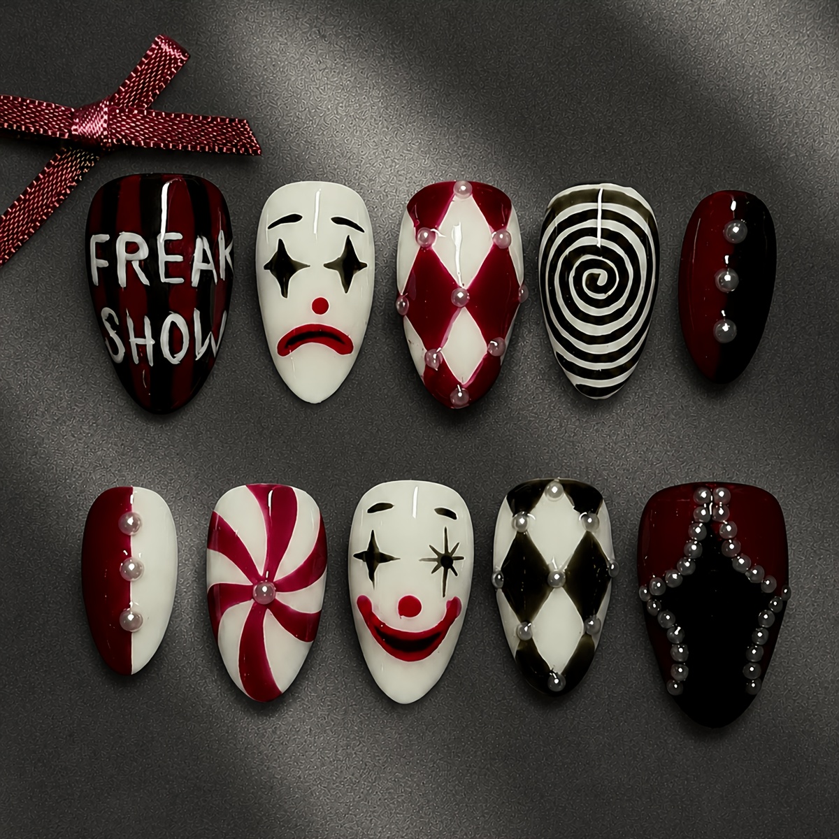 TEMU 10 Stk. XGV Gothic Circus Press-On-Nägel Mandelform mittlere Länge mit Clownsgesicht, Schachbrett- & Strass-Designs - Glänzend Rot/Schwarz/Weiß,