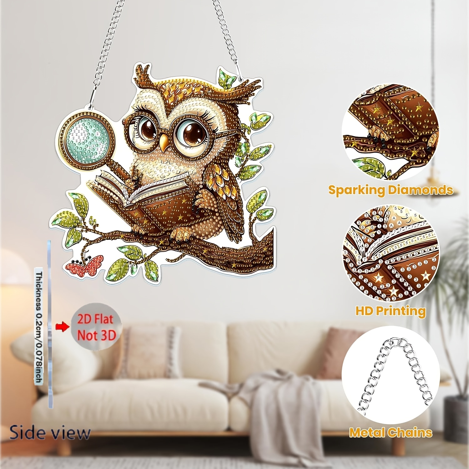 Image of 2d/flat, Owl Reading Book Diamond Painting Pendant On Branch, Irregular Mosaic Art Hanging Craft, Holiday Gift, Handmade Craft, Suitable For Home, Garden, House Number, Wall Hanging Art