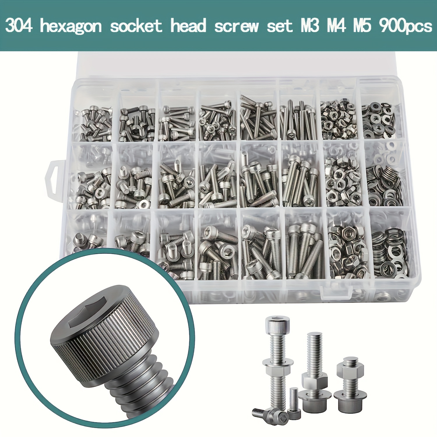 Complete 304 Stainless Steel Bolts & Nuts Kit - 912pcs M3 M4 M5 M6 Hex  Socket Head Screws Assortment Set with Washers & Nuts for DIY Projects.
