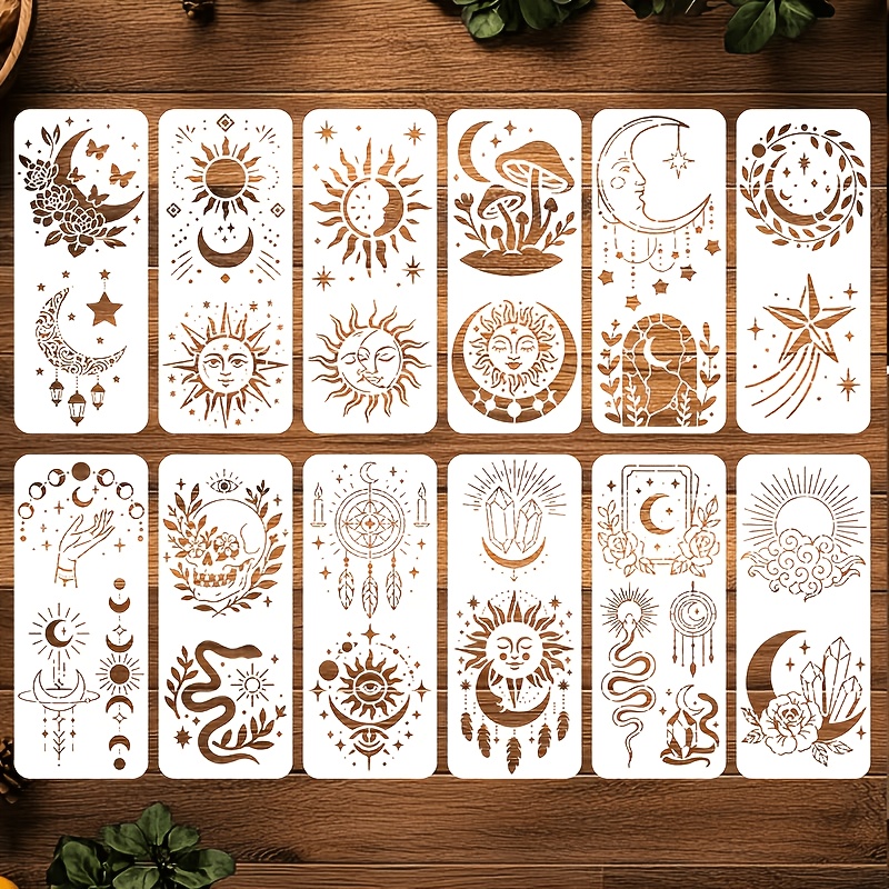 12pcs bohemian celestial stencil set reusable pet painting templates featuring   crystals and mystical elements spiritual witchcraft art stencils for journaling walls fabric and crafts