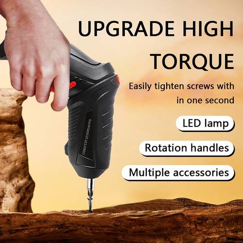 item picture multi functional electric screwdriver with 2 batches of head additions high quality lithium battery for long with led lights in dark environments with high torque and quickly tighten screws