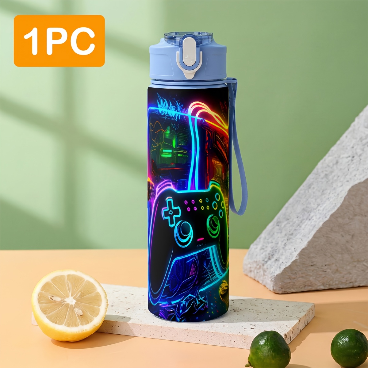 TEMU 1 pz Bottiglia da viaggio in plastica da 750 ml/25 oz | Controller Neon Game, resistente alle perdite, look elegante, antipolvere, bocca facile