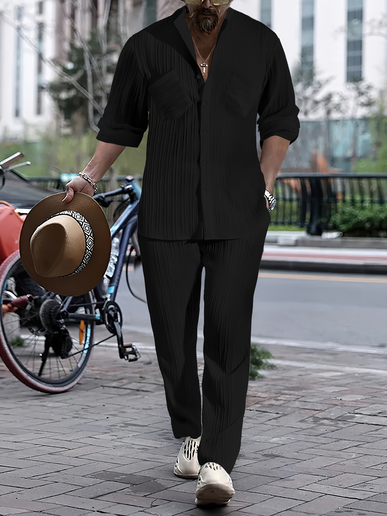 2-Piece *'* Color Casual Outfit Set, Long Sleeve Stand Collar Button Up  Shirt And Loose-Fit Drawstring Pants For Casual Daily Wear