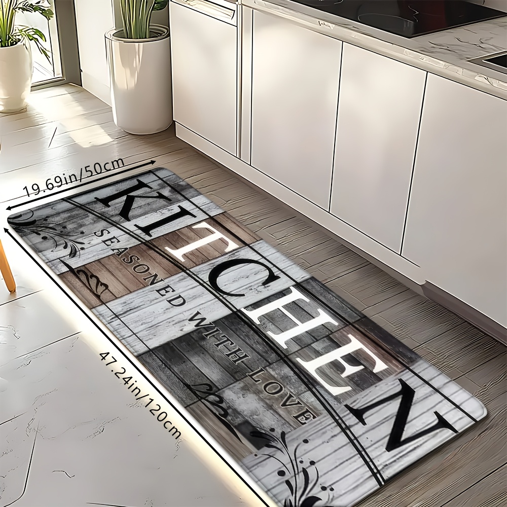 TEMU 1pc Versatile Wood Grain Printed Kitchen Doormat, Flannel Material, Dotted Plastic Backing, Machine Washable, Suitable For , , Bathrooms, Living