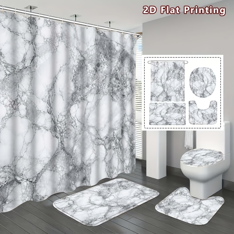 TEMU 2d Flat, 2d Flat, 4pcs Marble Patterned Shower Curtain Set, Elegant Gray Texture Bathroom Decor, Bathroom Additions Including, U-shaped, Toilet