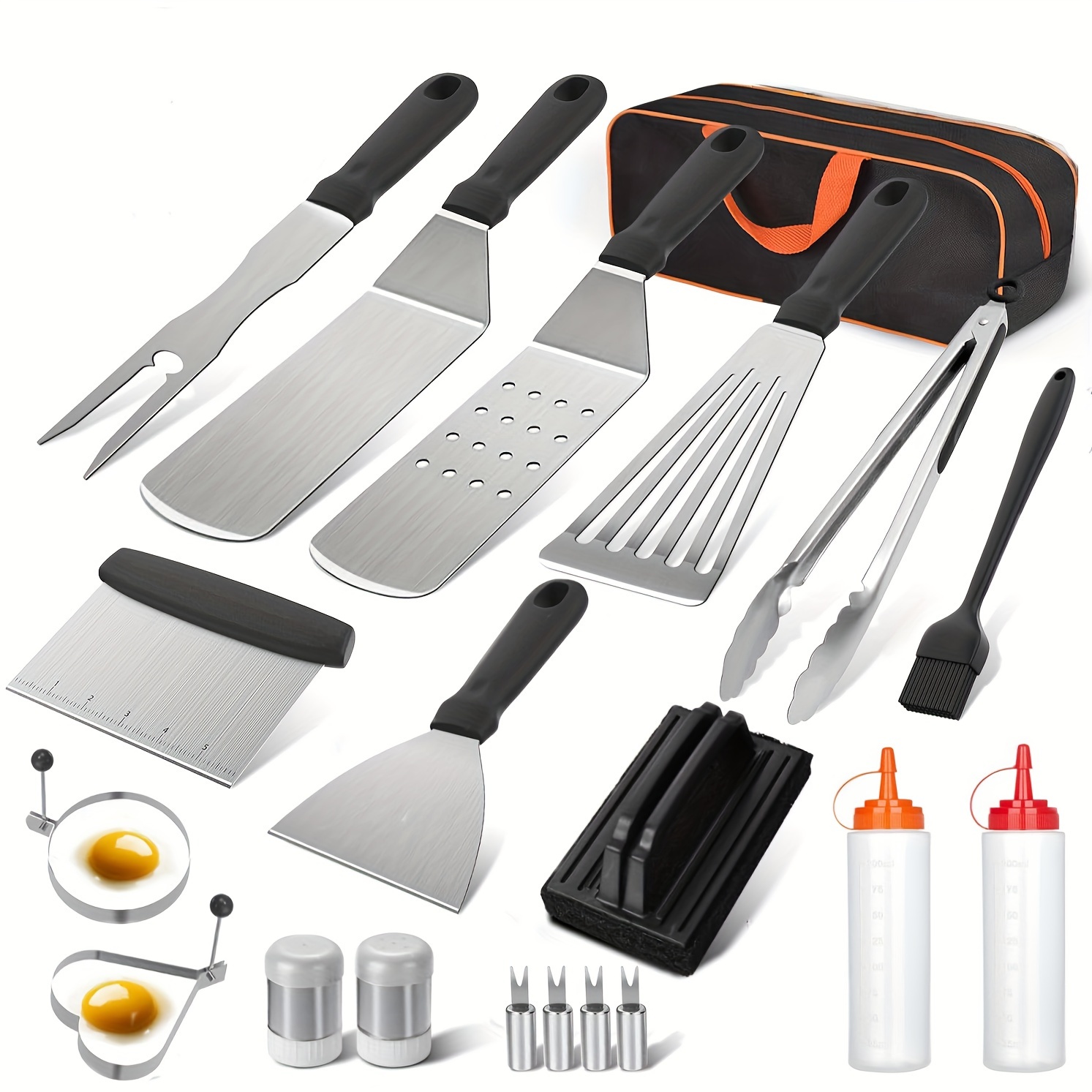 

20-piece Stainless Steel Bbq Grill Tool Set With Griddle Accessories - Outdoor And Indoor Barbecue Kit With Long Spatulas, Chopper, , Egg Rings, Tongs, Condiment Bottles For Camp Chefs