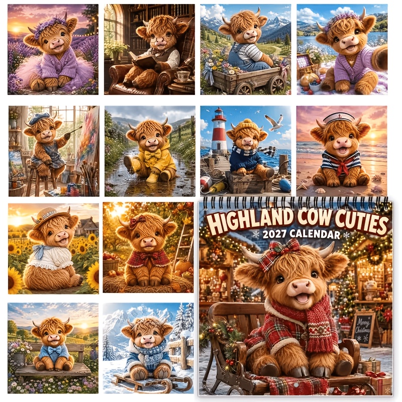 TEMU 1pc. 2027 Highland Cow Pet Calendar. Spiral-bound For 12 Months Of Animal Calendar. Comes With A Large Area For Writing Dates. Features Cute