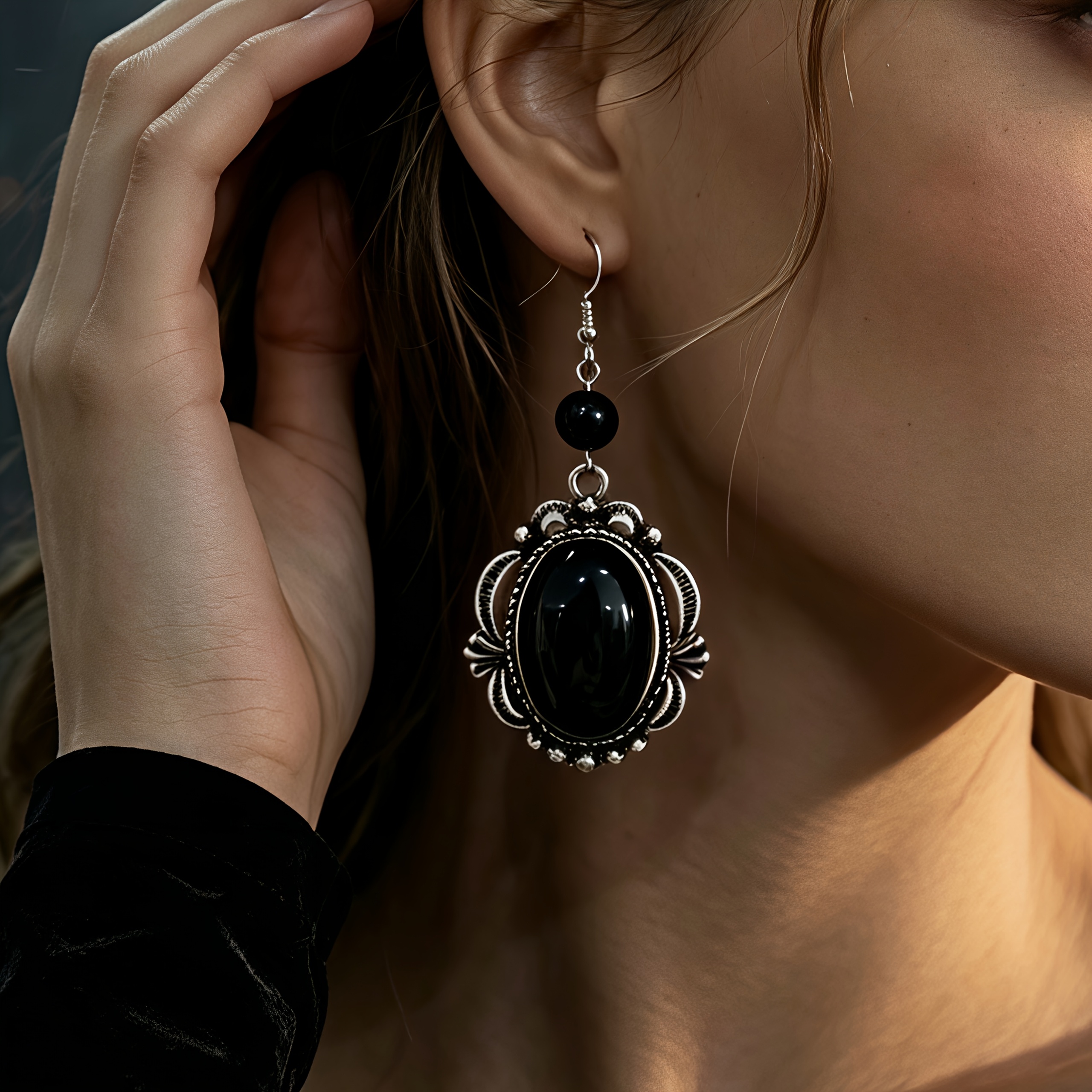 TEMU 1 Paire de Boucles d'Oreilles pour Femme, Style Vintage Usé, Motif Argenté avec Incrustation de Métal et Simulée Ovale Noire, Boucles d'Oreilles