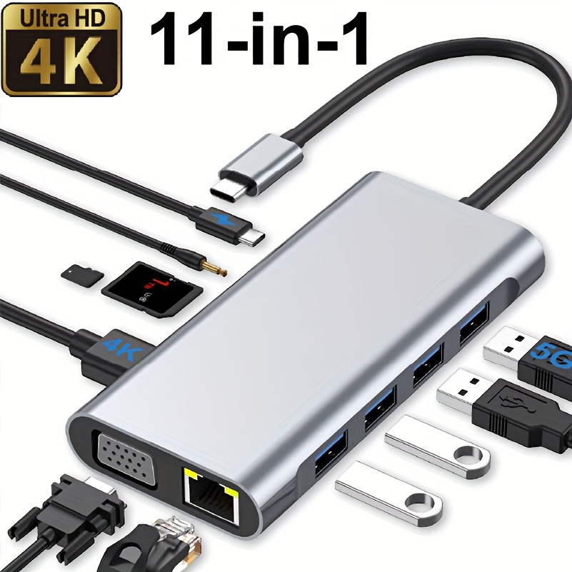 ultimate 11-in-1 USB-C Hub Docking Station with Ethernet 100Mbps, VGA and 4K Display, PD 100W Charging, SD/TF Card Reader, Audio Jack, USB 3.0 & USB 2.0 Ports, Multiport Adapter for MacBook, Windows Laptop, Office, Business, Travel