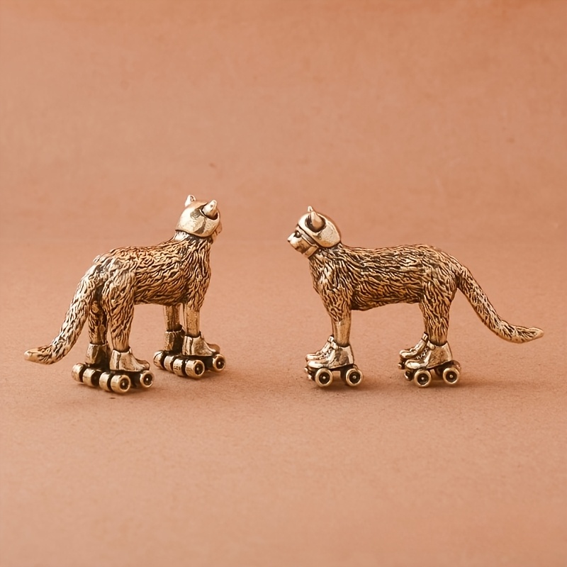TEMU 2pcs Vintage Brass Cat Figurines On Roller Skates - Whimsical Animal Decor For Home, Living Room, Or Desk, Gift For Christmas, Thanksgiving,