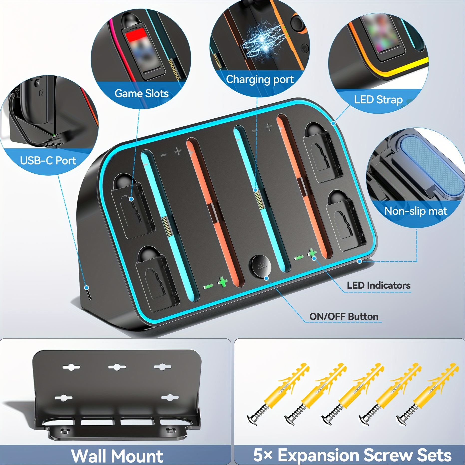 for wall bracket multi functional tv dock handle charger with rgb light 4 cartridge storage wall bracket charging indicator Product details 5