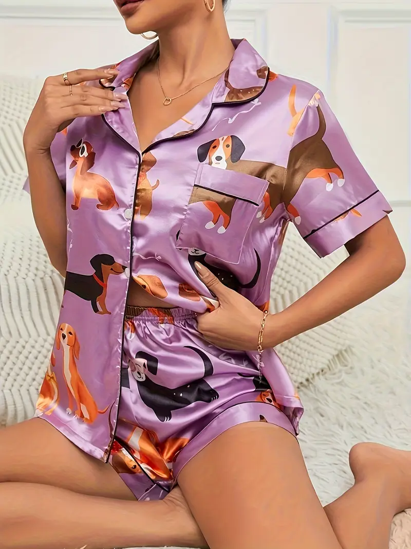 2 satin purple cute puppy sleepwear set womens short sleeved stand up collar top and shorts sleepwear 2 set Product details 0