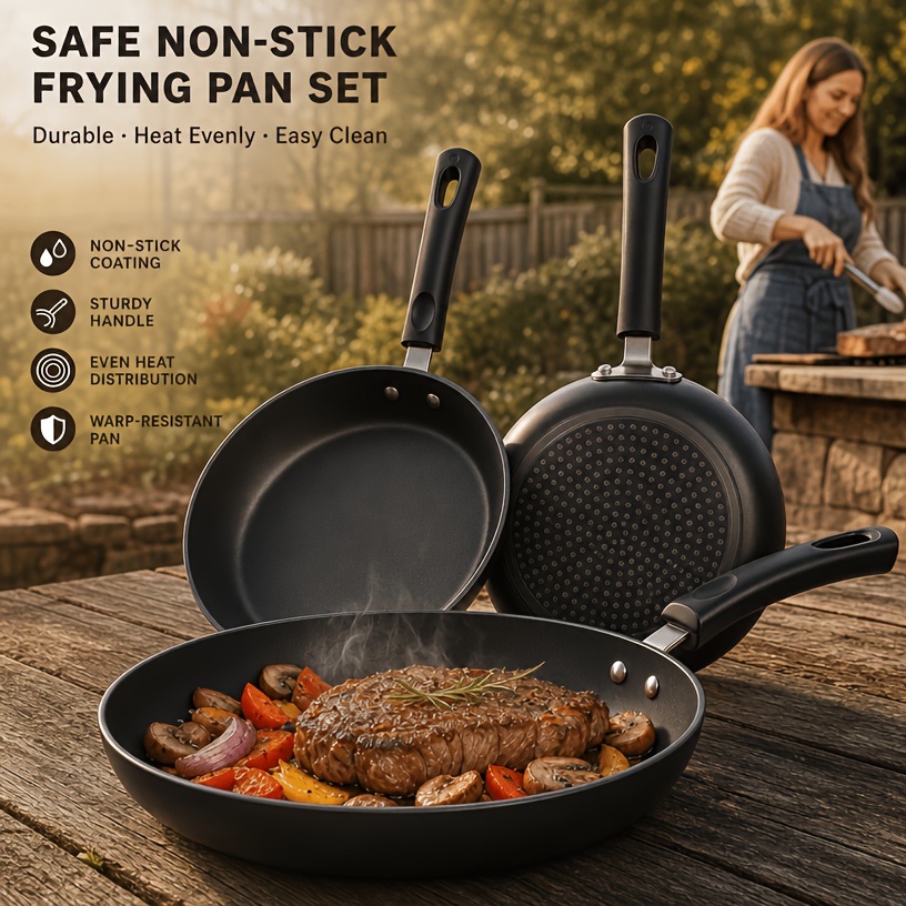TEMU 3pcs Set - Includes Egg Pan And Frying Pans; Essential For Outdoor Kitchens; Low-smoke ; Easy To Clean; Suitable For Campfires, Picnics, Rv
